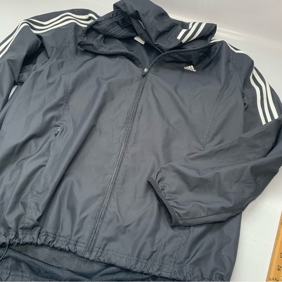 Adidas Windbreaker Jacket Men Large Black White Stripes Hood Pockets Track Y2K - Picture 6 of 11